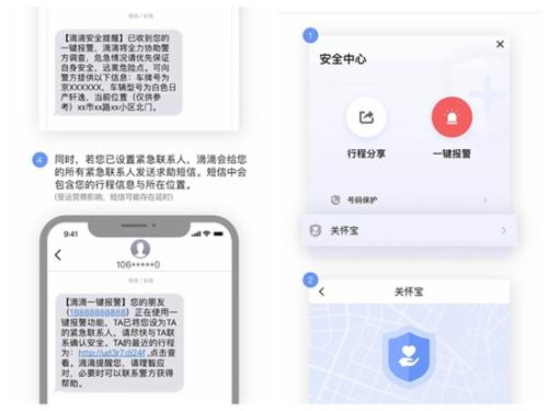 滴滴出行APP“一鍵報(bào)警”及相關(guān)短信展示。截圖