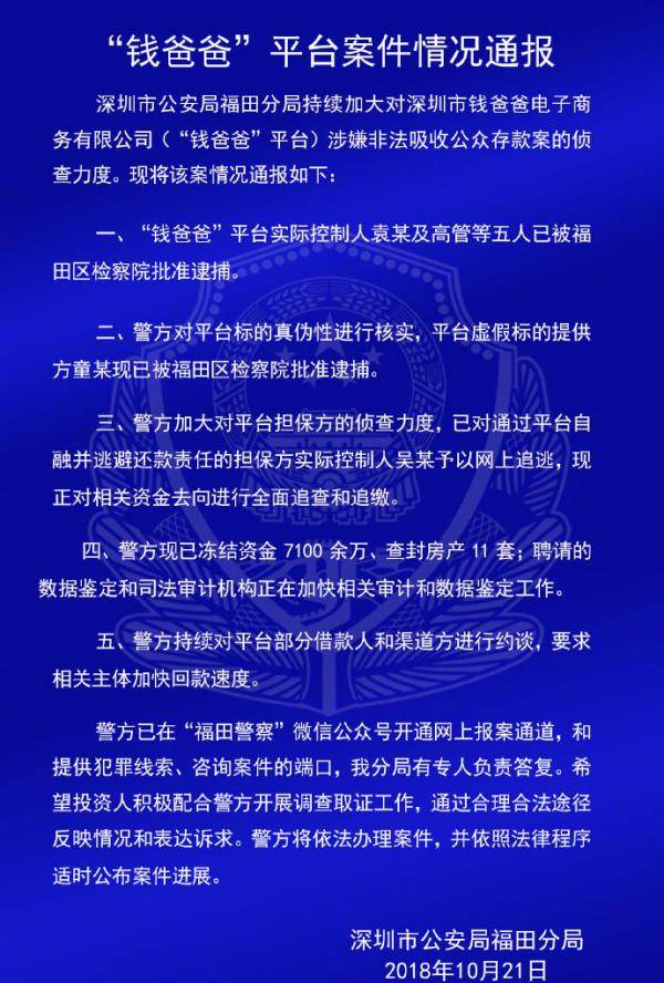 深圳警方通報錢爸爸、財富中國等7家P2P平臺案情