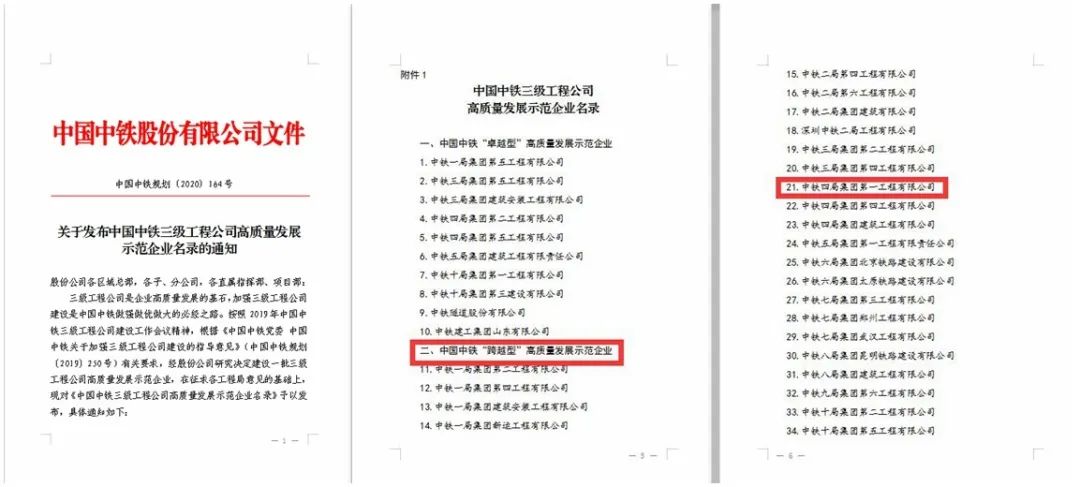 中鐵四局一公司入選中國中鐵三級工程公司“跨越型”高質(zhì)量發(fā)展示范企業(yè)名錄